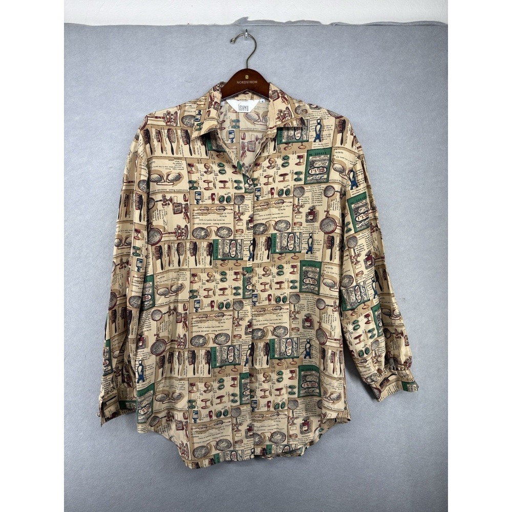 Ishyu Womens 8 Tan Silk Long Sleeve Button Up Vanity Brush Print Vintage Shirt